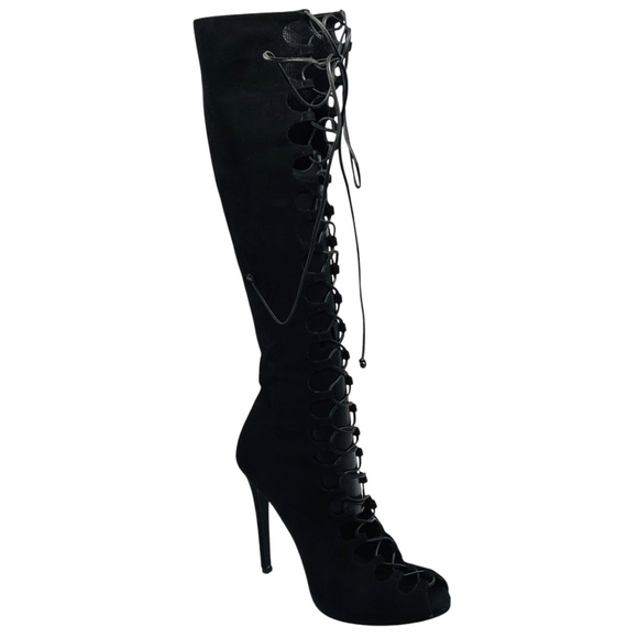 GIAMBATTISTA VALLI BLACK SUEDE OPEN TOE LACE UP TALL BOOTS